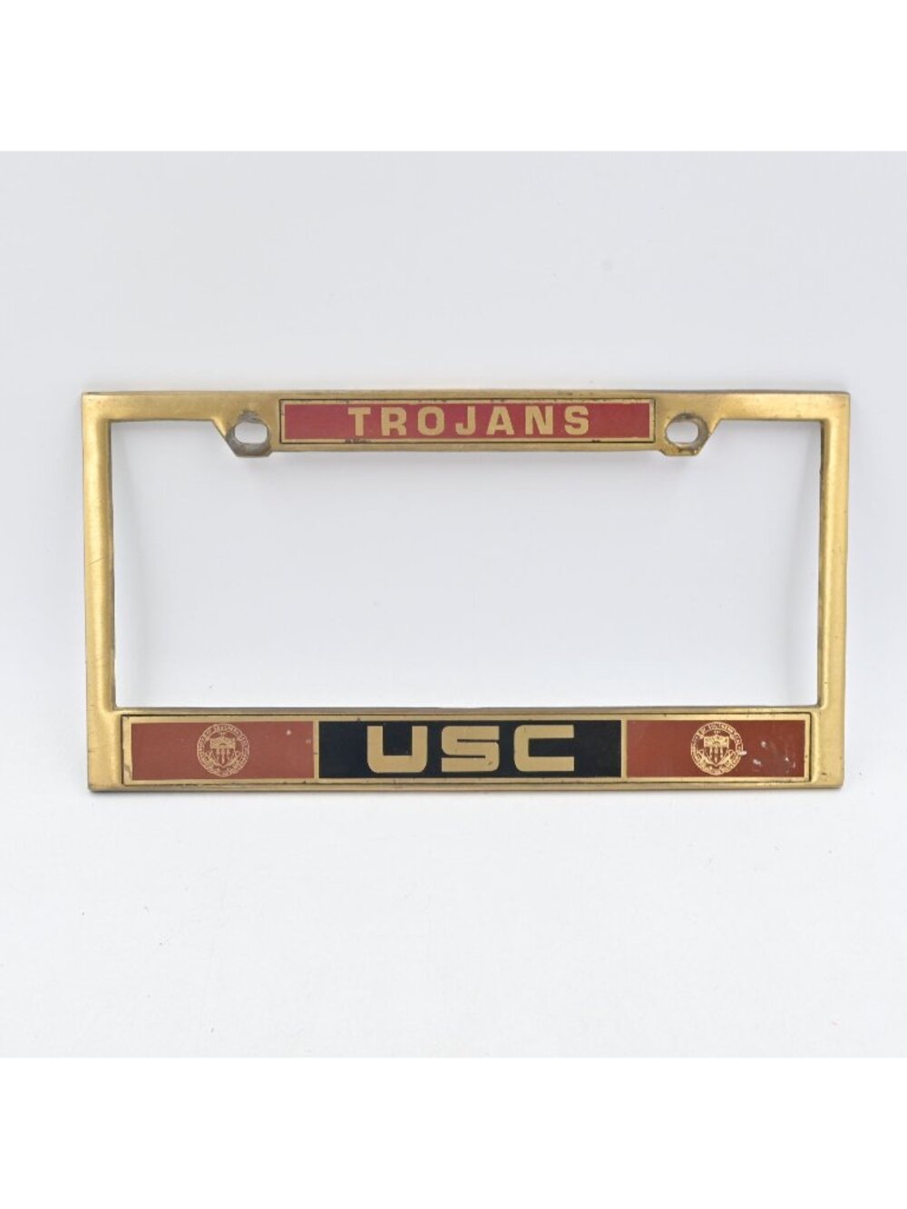 USC Trojans Brass License Plate Frame Vintage Collegiate Car Accessory